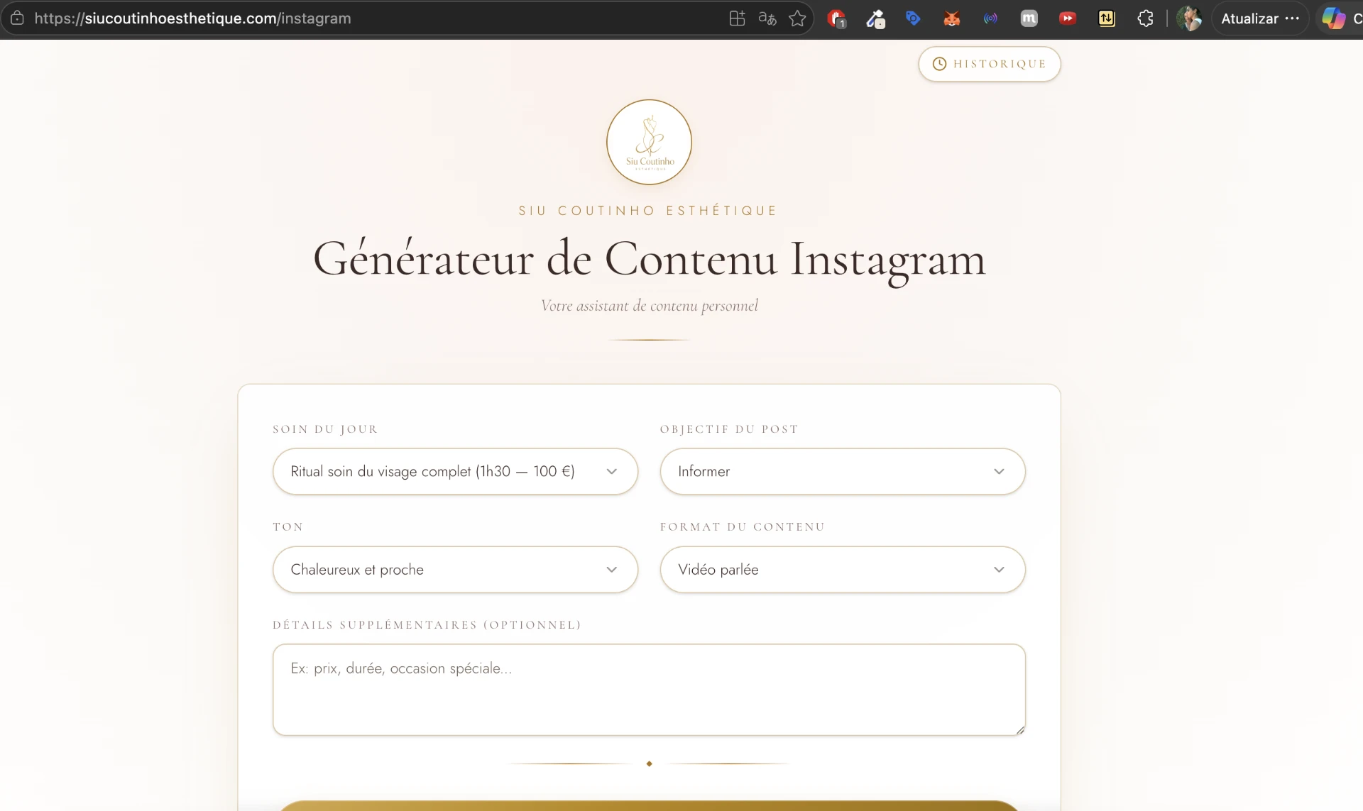 Print do app Générateur de Contenu Instagram da Siu Coutinho Esthétique